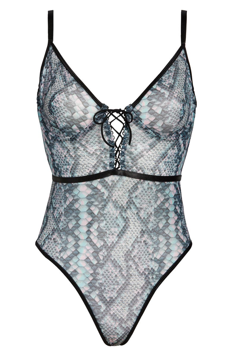 Hauty Snake Charmer Print Mesh Underwire Teddy, Alternate, color, Gray