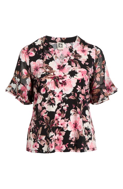 Floral Ruffle Elbow Sleeve Top (Plus)