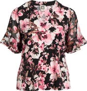 AK ANNE KLEIN Floral Ruffle Elbow Sleeve Top