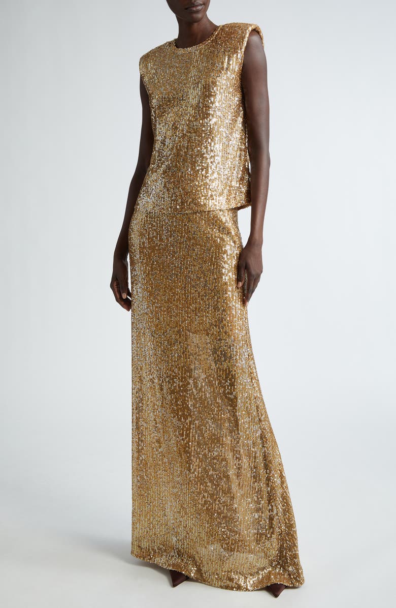 ST. JOHN Sequin Embroidered Sleeveless Knit Top, Alternate, color, Gold