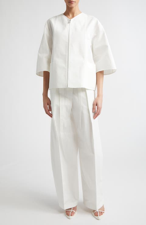 Pleated Cotton & Silk Straight Leg Pants