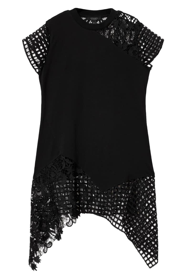 Zala Asymmetric Crochet Dress, Alternate, color, BLACK