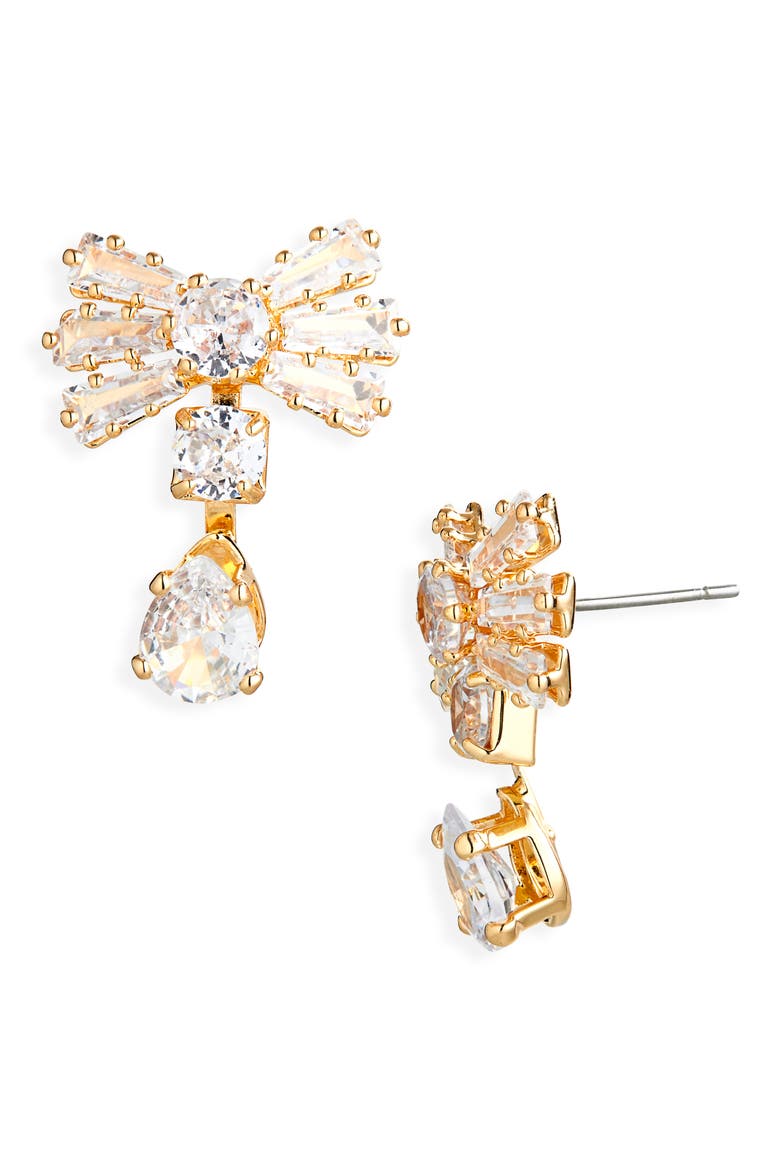 Crystal Bow Drop Earrings, Main, color, GOLD
