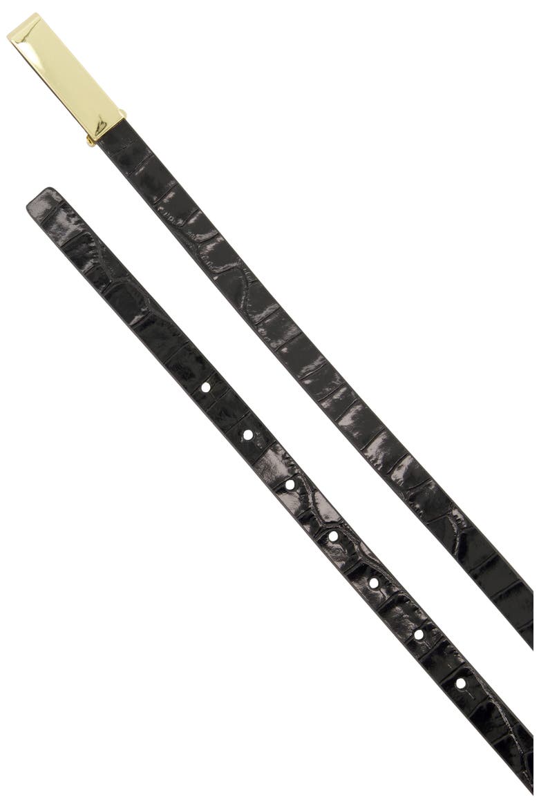 Skinny Croc Embossed Leather Belt, Alternate, color, BLACK