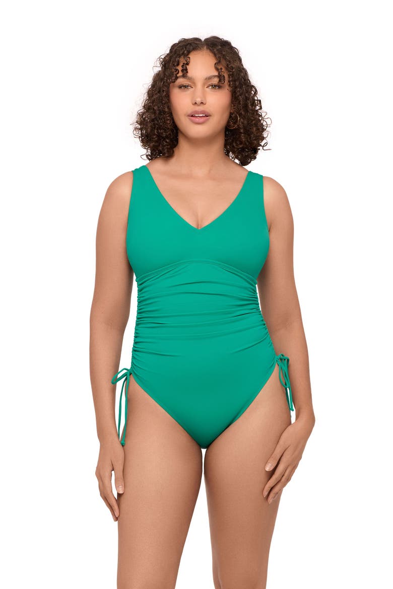 Smoothing and Sculpting Adjustable Low Cinched One-Piece Swimsuit, Main, color, Jade