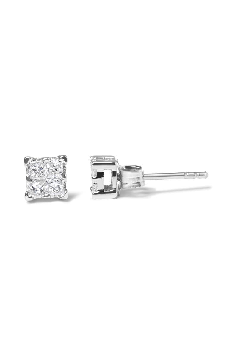 Haus of Brilliance Silver 1/4 Ct Invisible Princess Diamond Composite Quad Stud Earrings, Alternate, color, White