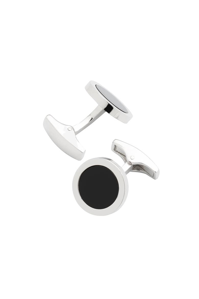 Round Gemstone Inlay Sterling Cufflinks, Alternate, color, BLACK