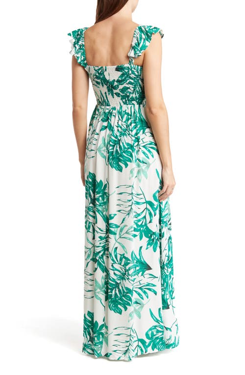 Boho Me Smocked Off-the-shoulder Maxi Swim Cover-up In Green Tropical