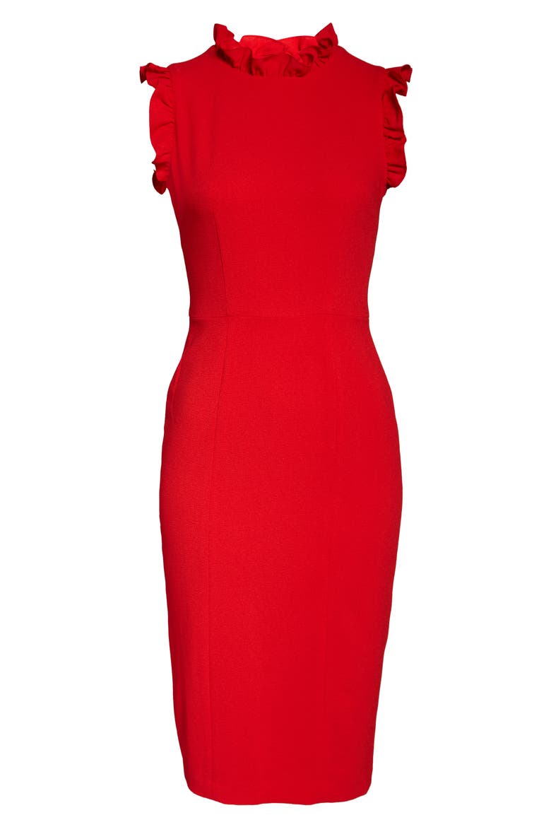 Charlene Ruffle Trim Crepe Sheath Dress, Alternate, color, CARNIVAL RED