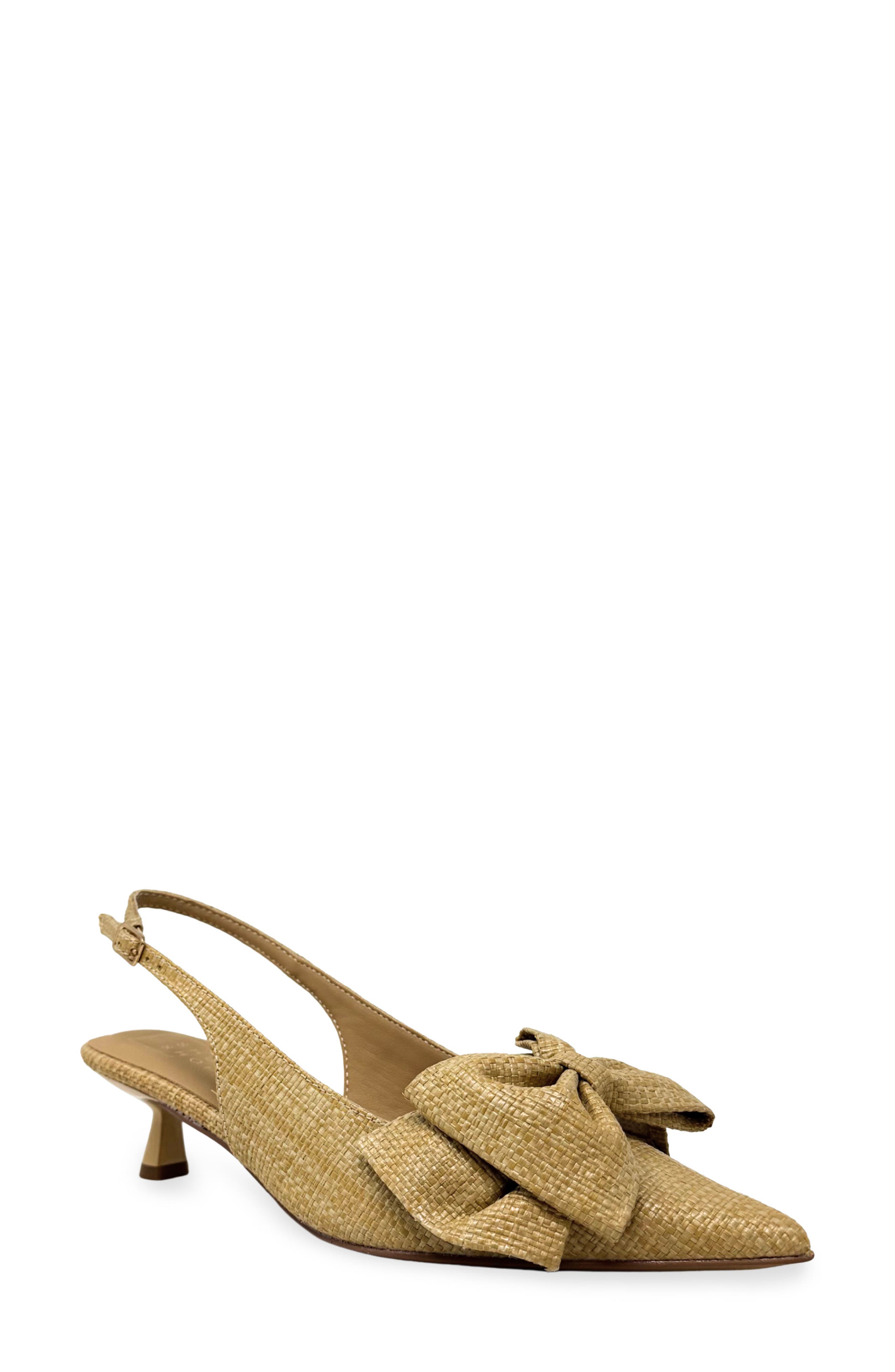 SHUSHOP Nora Bow Kitten Heel Slingback Pump, Main, color, Raffia