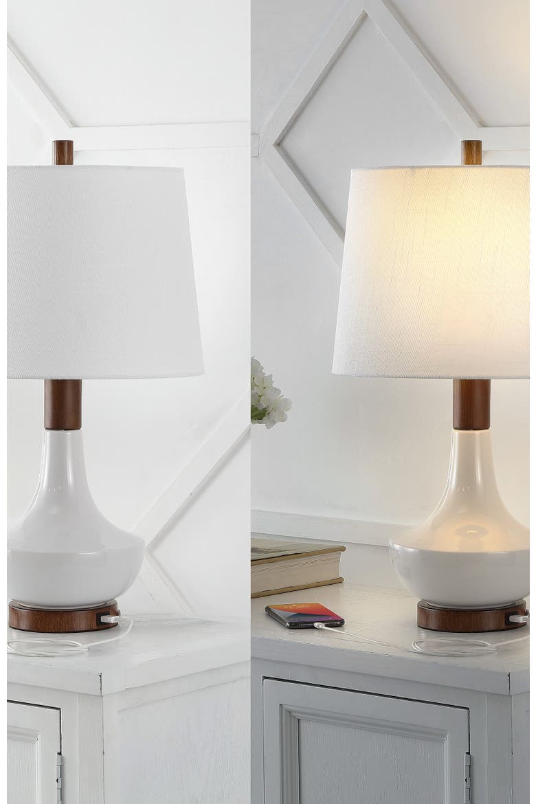 Finn 23" Vintage Minimalist Iron/Ceramic LED Mini Table Lamp with USB Charging Port, Wood Finished/White, Alternate, color, White/Brown Wood Finish