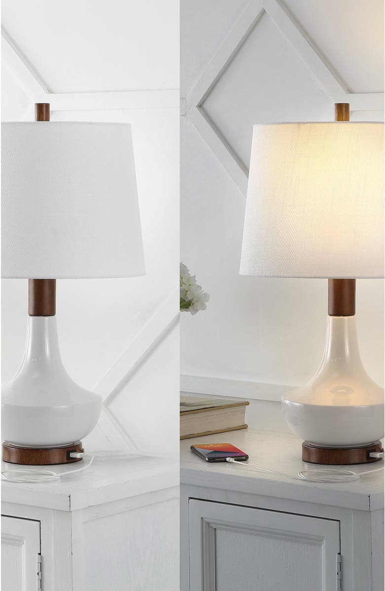 JONATHAN Y Finn 23" Vintage Minimalist Iron/Ceramic LED Mini Table Lamp with USB Charging Port, Wood Finished/White, Alternate, color, White/Brown Wood Finish
