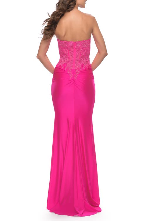 La Femme Stunning Strapless Jeweled Lace And Jersey Dress In Neon Pink