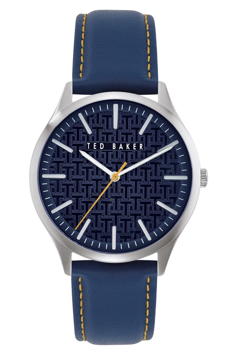 Manhatt Leather Strap Watch, 40mm, Main, color, BLUE/ T-PATTERN/ SILVER