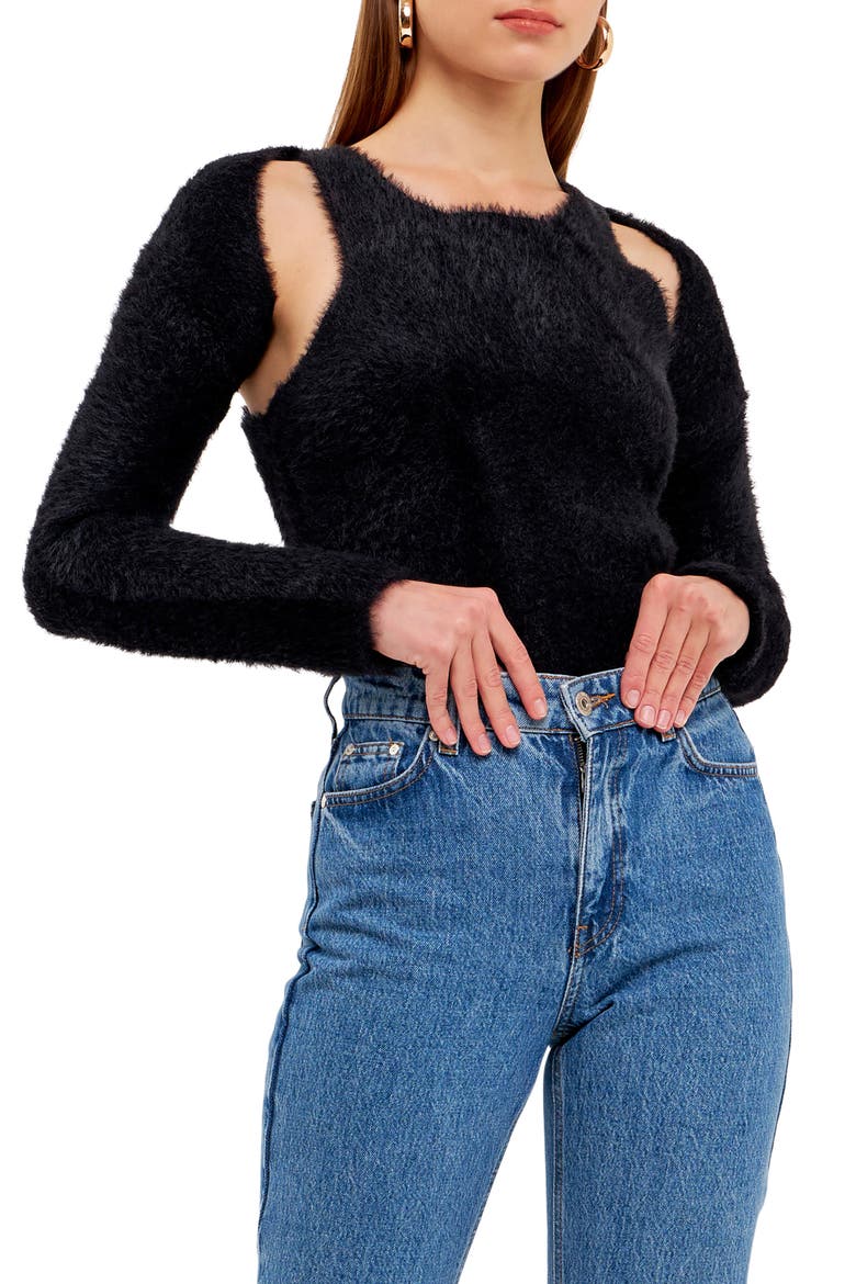 Feather Plush Shrug & Tank Set, Main, color, BLACK
