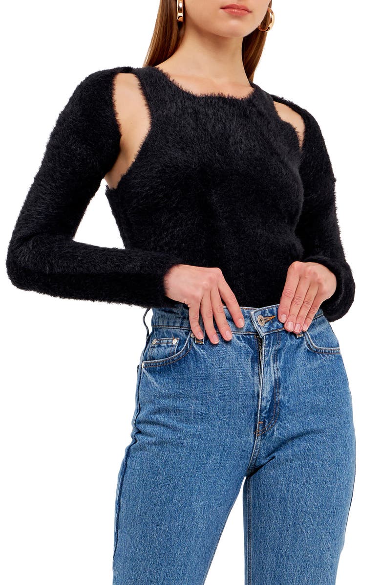 Grey Lab Feather Plush Shrug & Tank Set, Main, color, Black