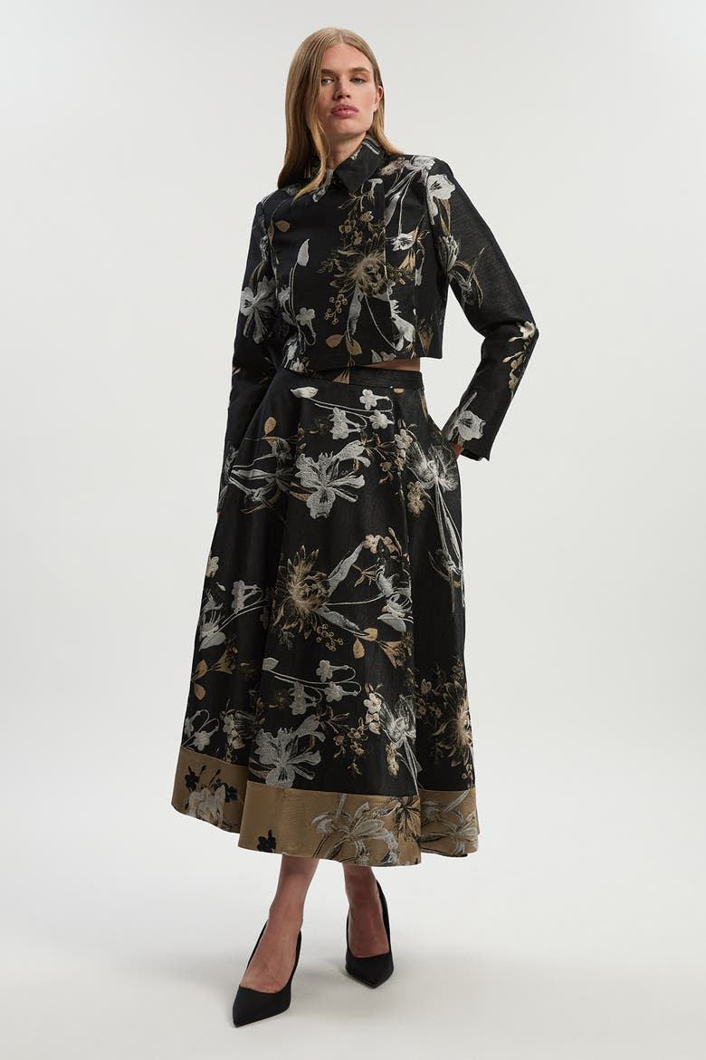 Floral Jacquard Tailored Full Midi Skirt, Alternate, color, Black