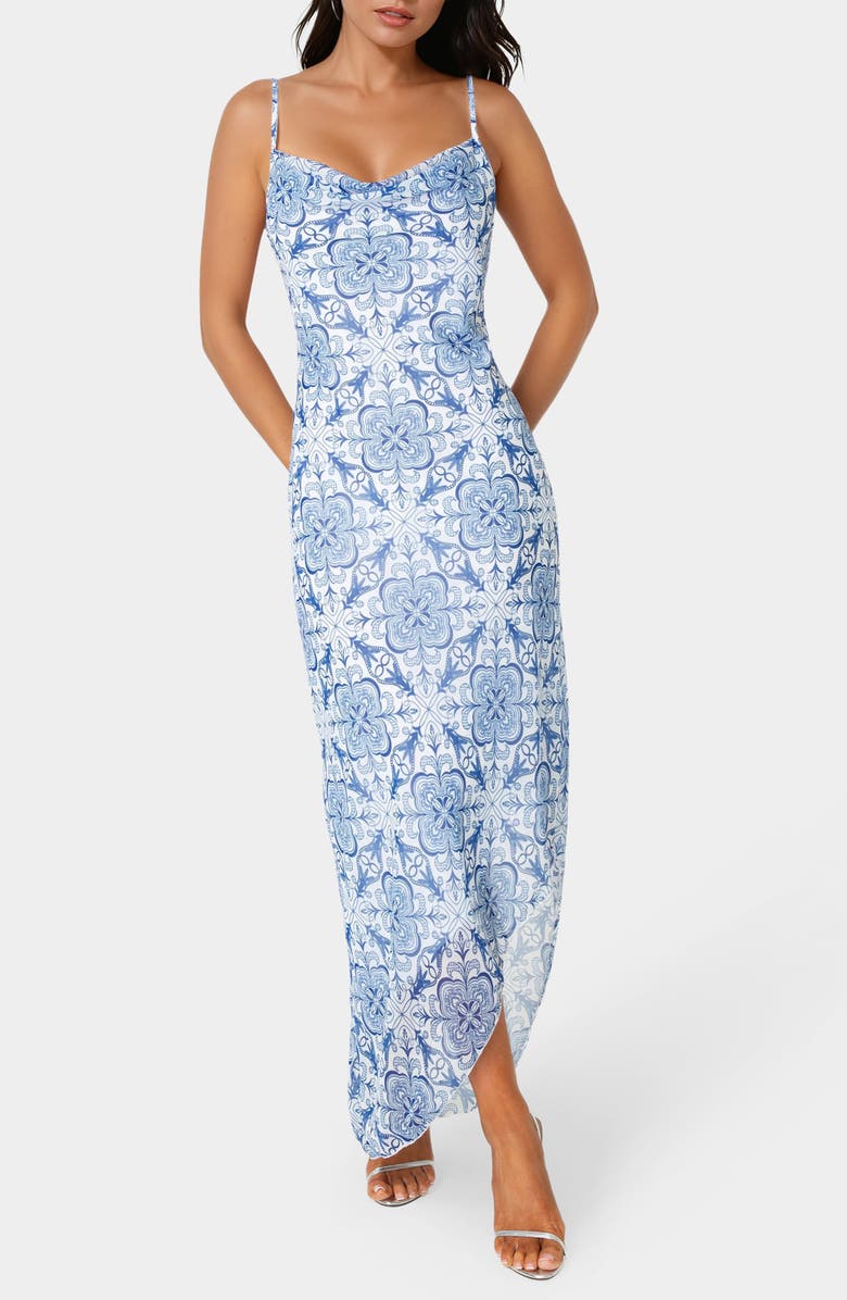 bebe Cowl Neck Chiffon Maxi Dress, Main, color, Blue White
