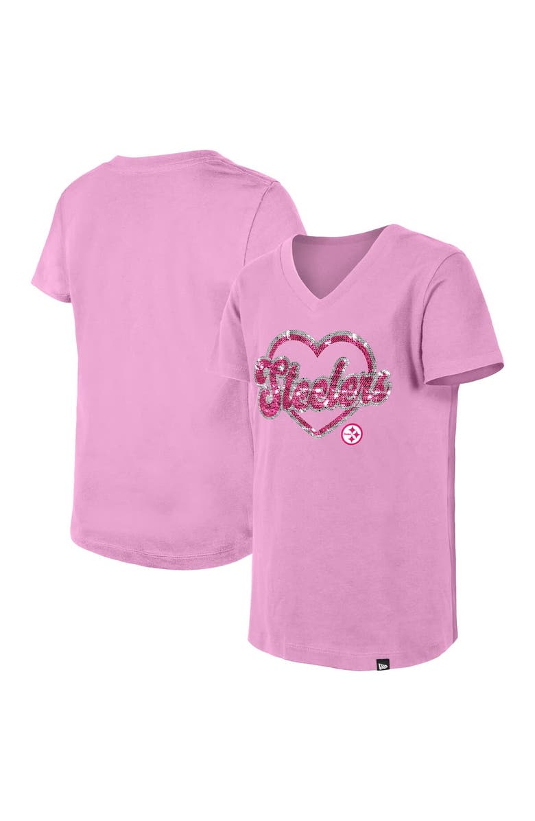 New Era Girls Youth New Era Pink Pittsburgh Steelers Flip Sequins V-Neck T-Shirt, Main, color,