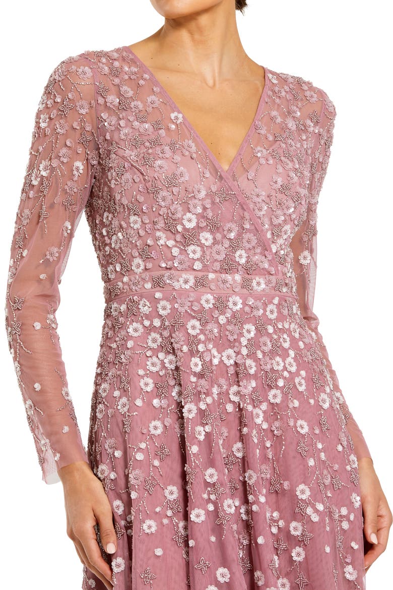 Embellished Wrap Over Illusion Long Sleeve A Line Gown, Alternate, color, Berry