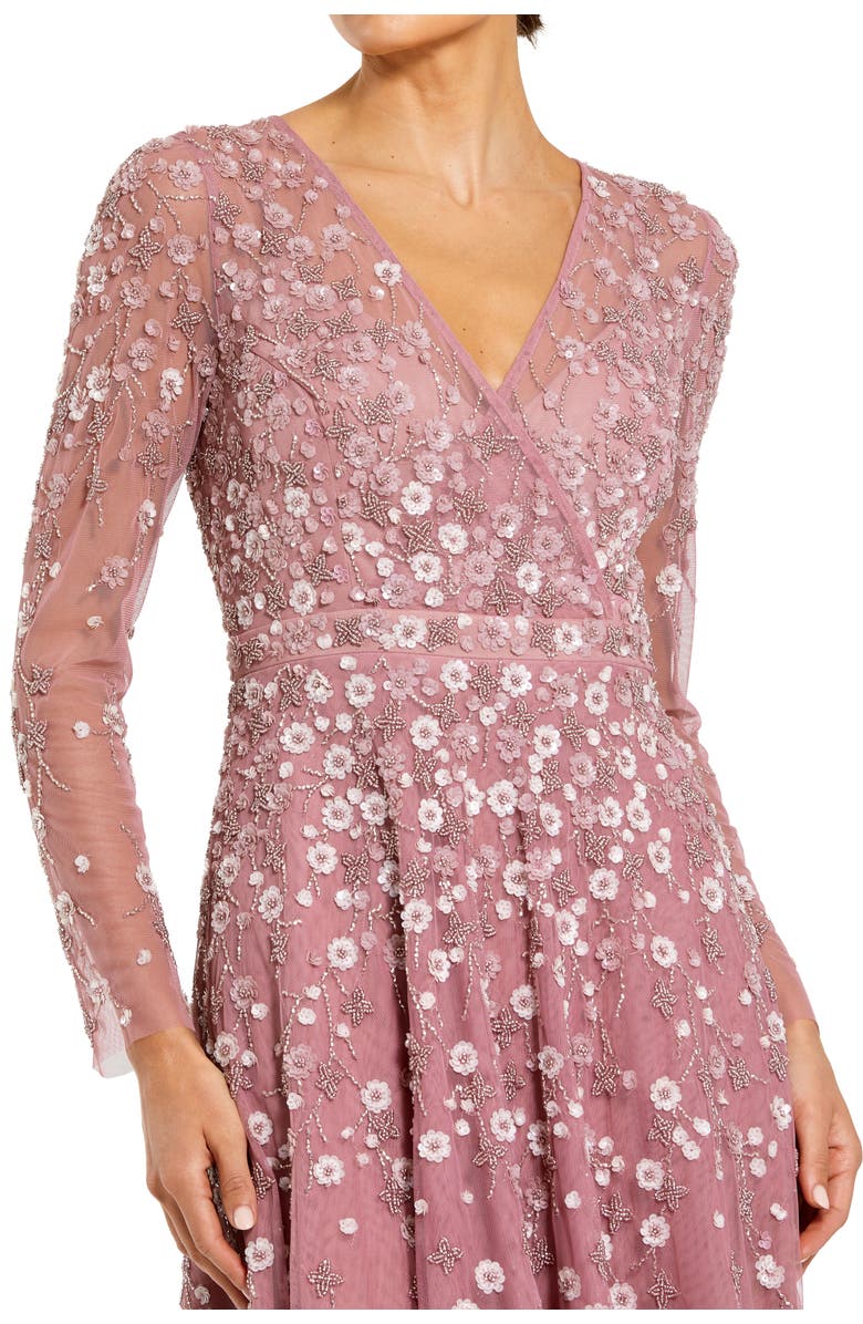 Mac Duggal Embellished Wrap Over Illusion Long Sleeve A Line Gown, Alternate, color, Berry