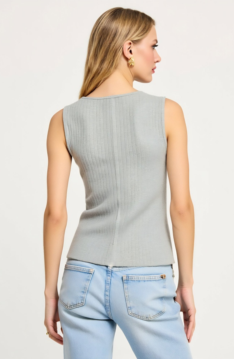 Modenaire Sleeveless Ribbed Knit Top with Off-Center Button Front Detail, Alternate, color, Gray