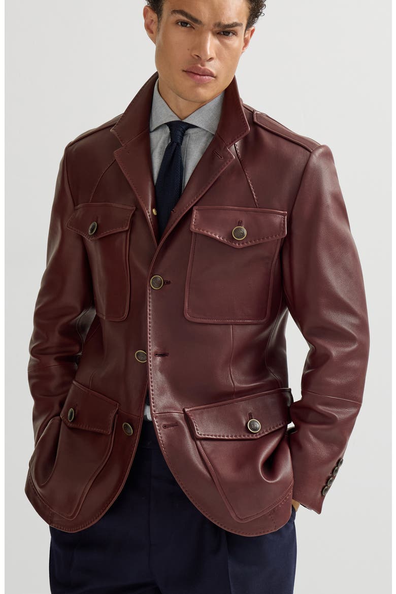 Polished nappa leather utility blazer, Alternate, color, Bordeaux