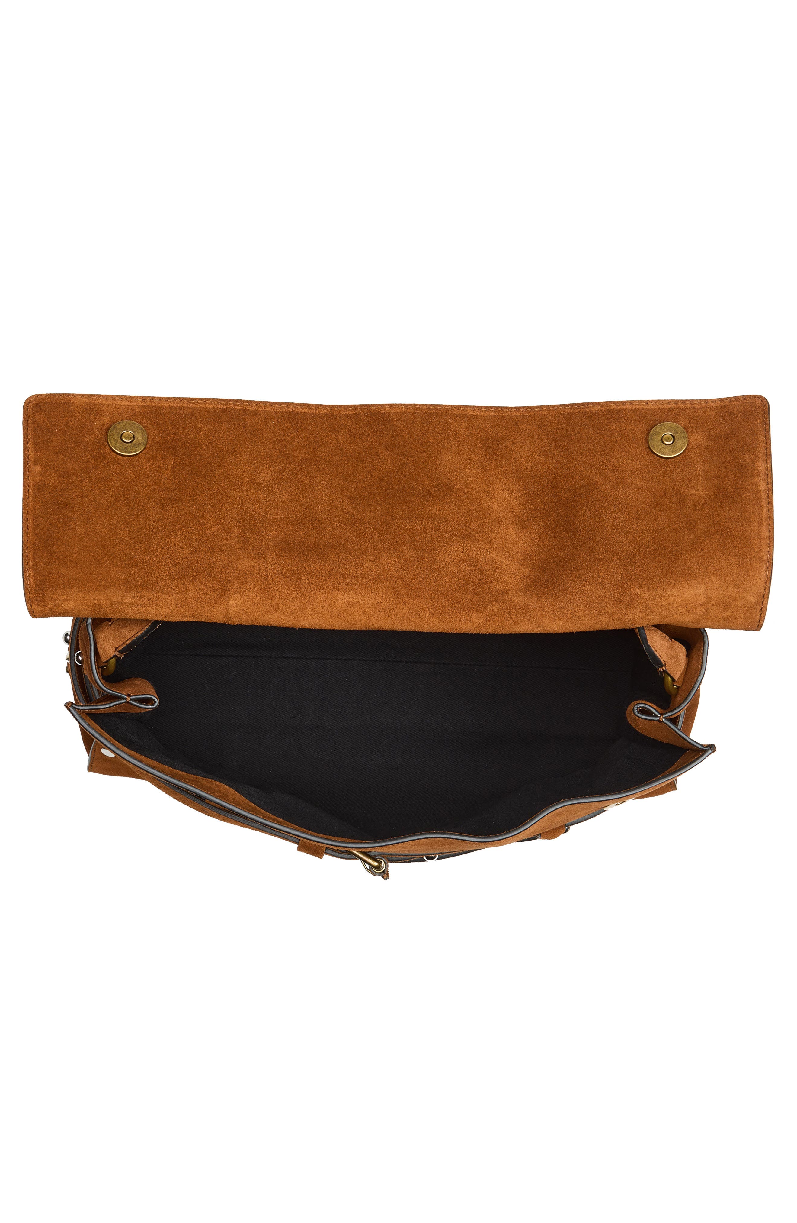 Moschino Tie Me Studded Suede Shoulder Bag, Alternate, color, Brown