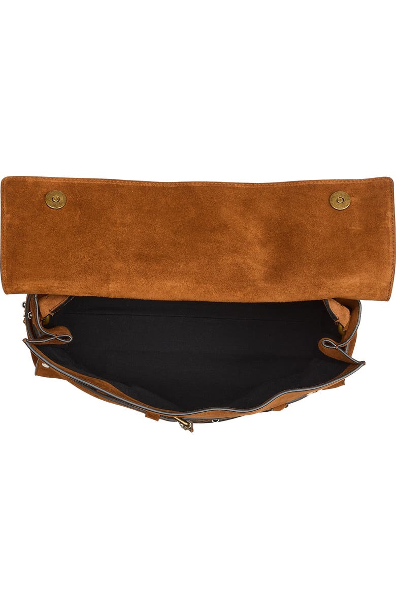 Moschino Tie Me Studded Suede Shoulder Bag, Alternate, color, Brown