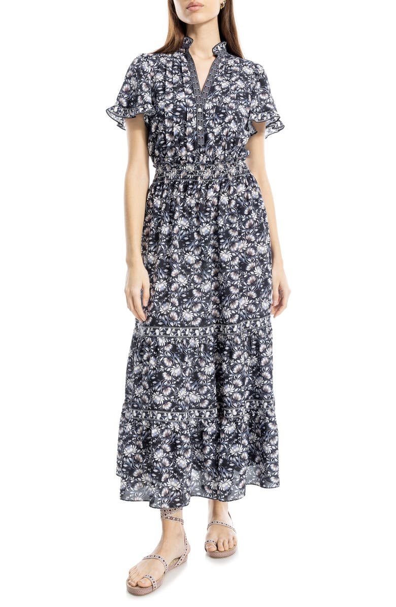 MAX STUDIO Smocked Flutter Sleeve Maxi Dress, Main, color, Black Blooming Swirl
