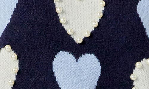 English Factory Heart Faux Pearl Embellished Crewneck Sweater In Navy Multi