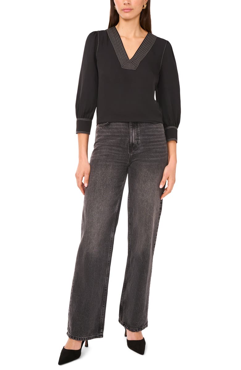 Vince Camuto Topstitched V-Neck Woven Top, Alternate, color, 