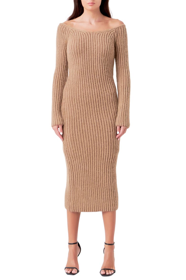 Long Sleeve Off the Shoulder Rib Midi Sweater Dress, Main, color, CAMEL