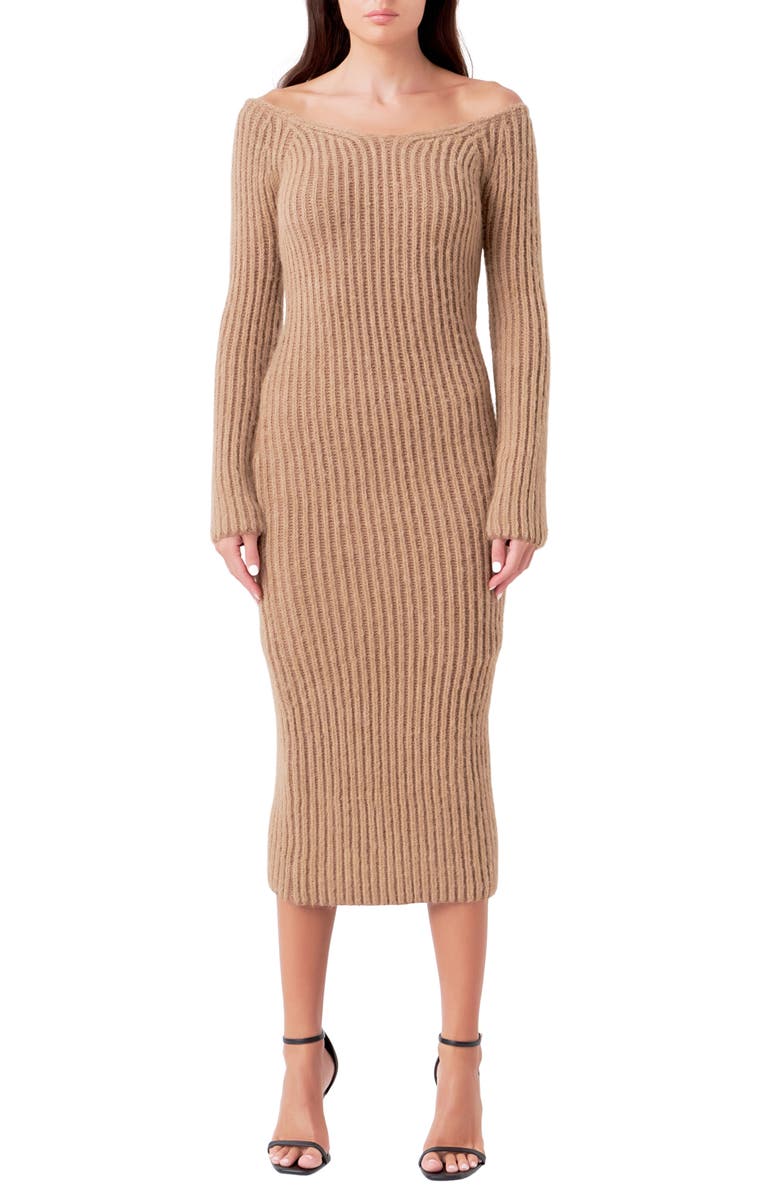 Endless Rose Long Sleeve Off the Shoulder Rib Midi Sweater Dress, Main, color, Camel
