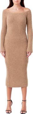Endless Rose Long Sleeve Off the Shoulder Rib Midi Sweater Dress