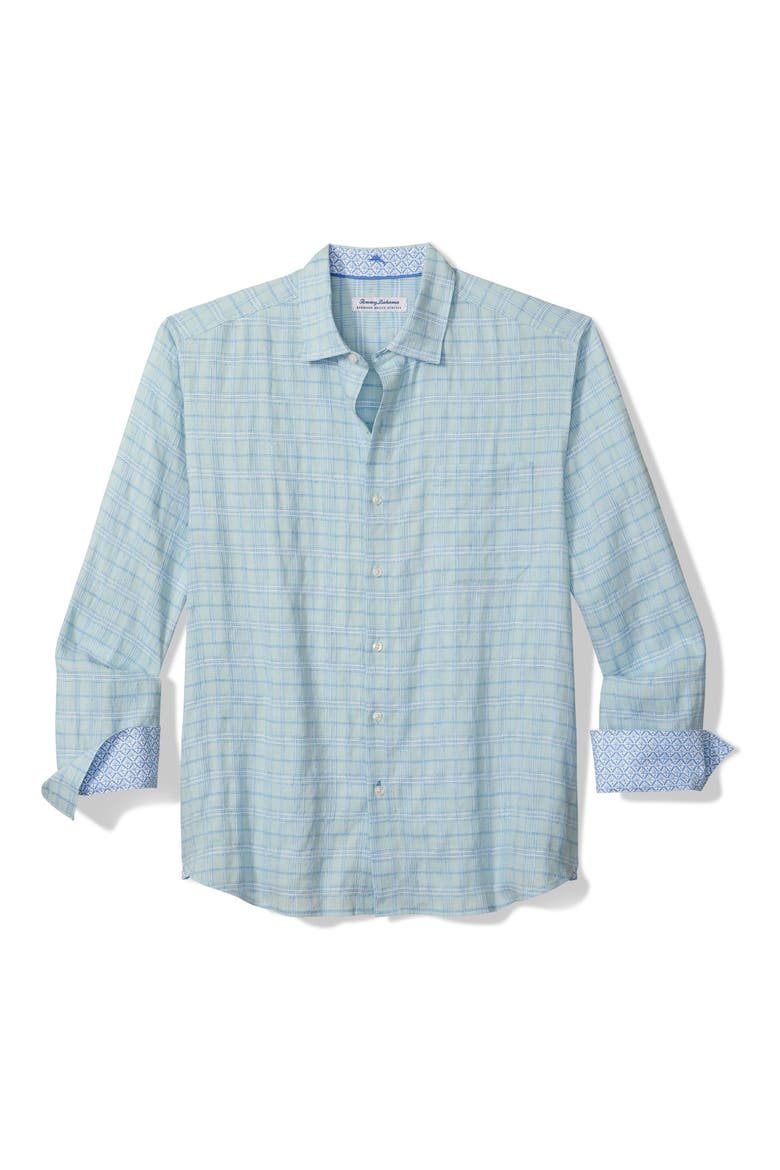 Barbados Breeze Playa Plaid Stretch Linen Blend Button-Up Shirt, Main, color, AQUIFER