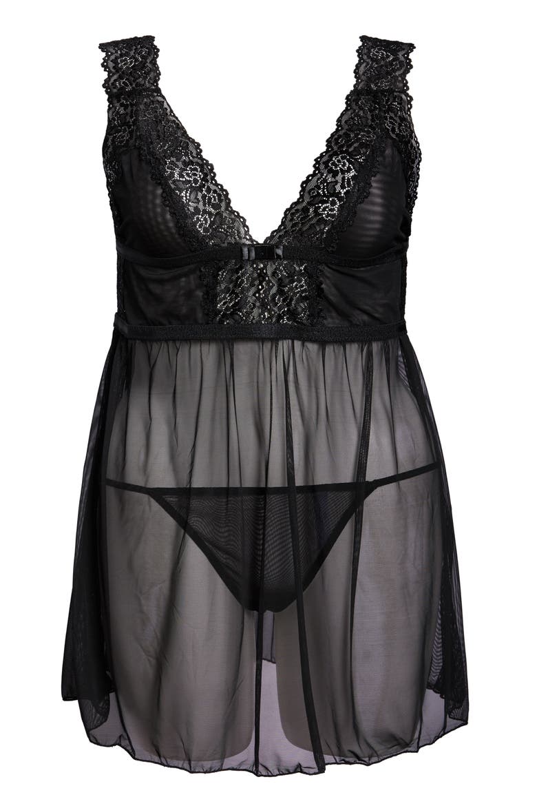 Soft Cup Babydoll Chemise & G-String Thong, Alternate, color, BLACK