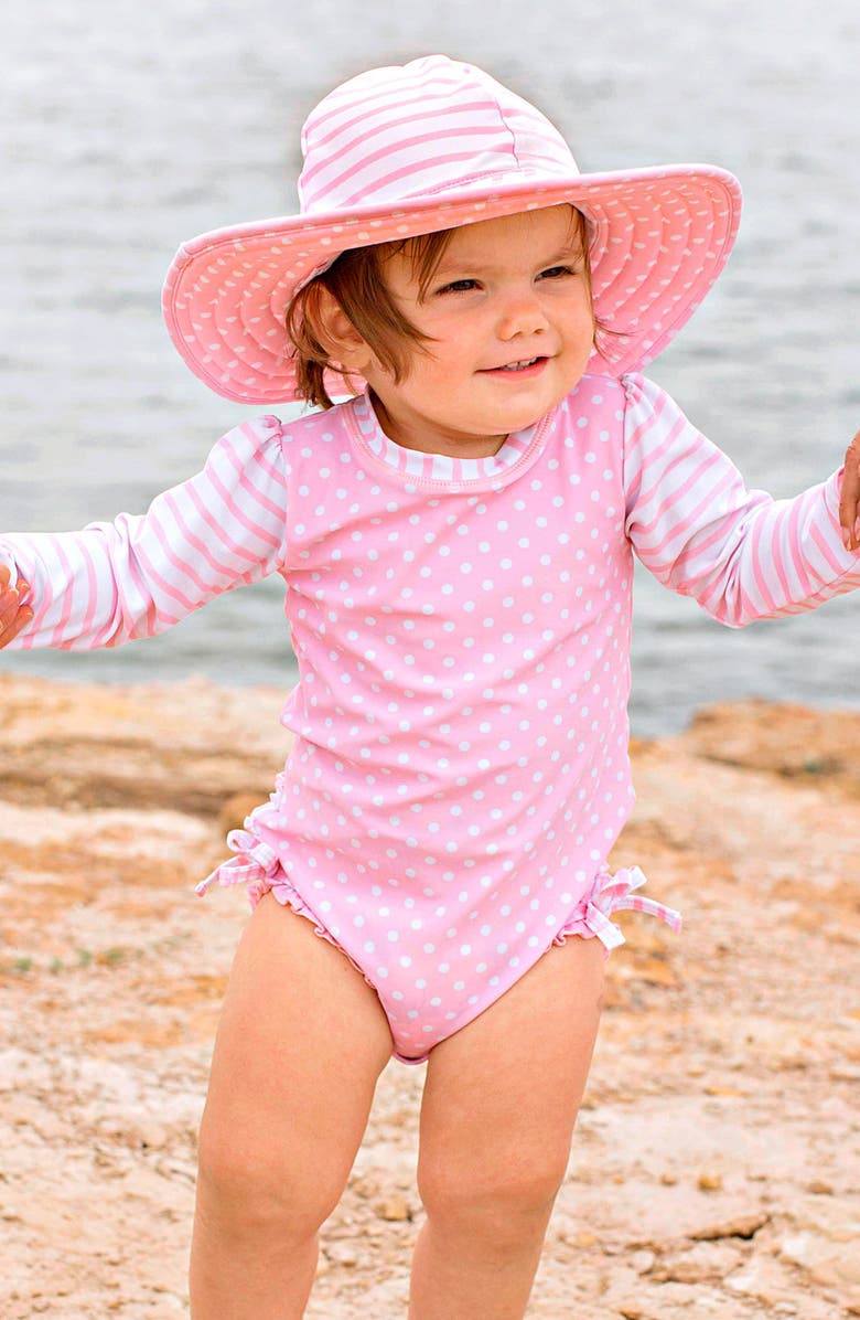 RuffleButts Polka Dot One-Piece Rashguard Swimsuit & Sun Hat Set, Alternate, color, 