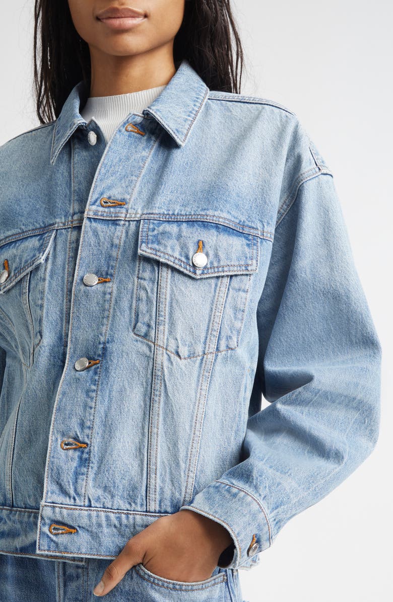 Alexander Wang Game Distressed Logo Denim Jacket, Alternate, color, Authentic Light Indigo