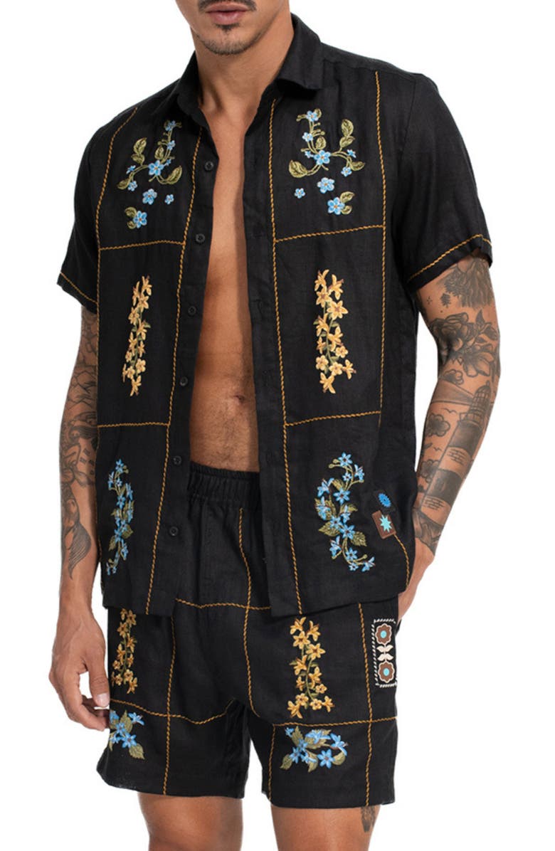 Agua Bendita Jack Linen Camp Shirt, Main, color, Black Multi