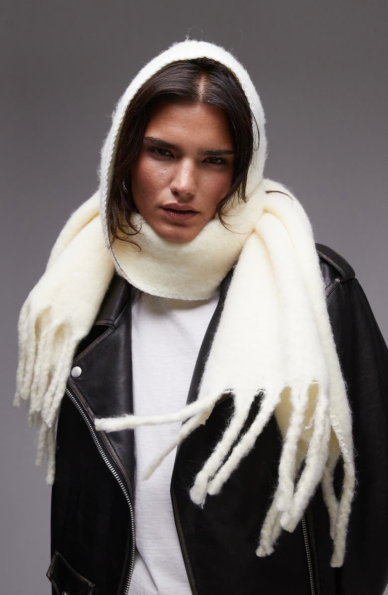 Topshop Saint Hooded Fringe Trim Blanket Scarf, Main, color,