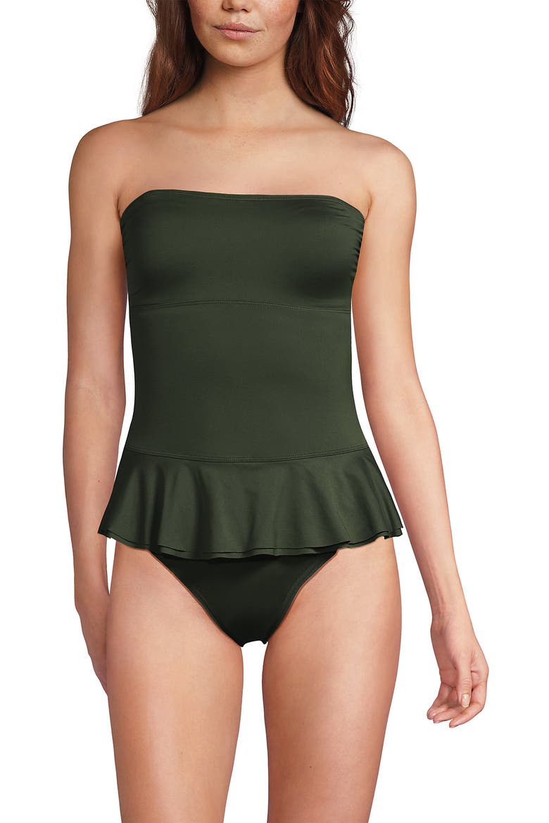 Sculpting Suit Ruffle Bandeau One Piece Swimsuit, Main, color, Rich Olive Green