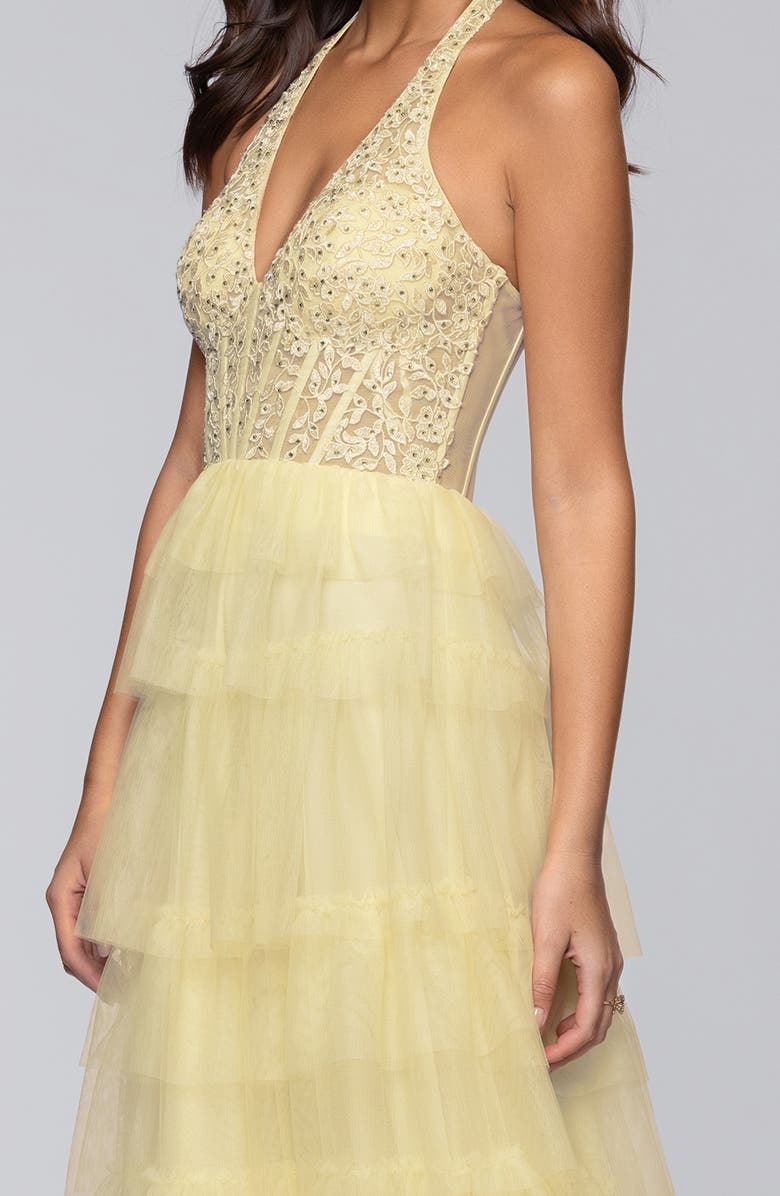 Blondie Nites Tiered Mesh Gown, Alternate, color, Yellow