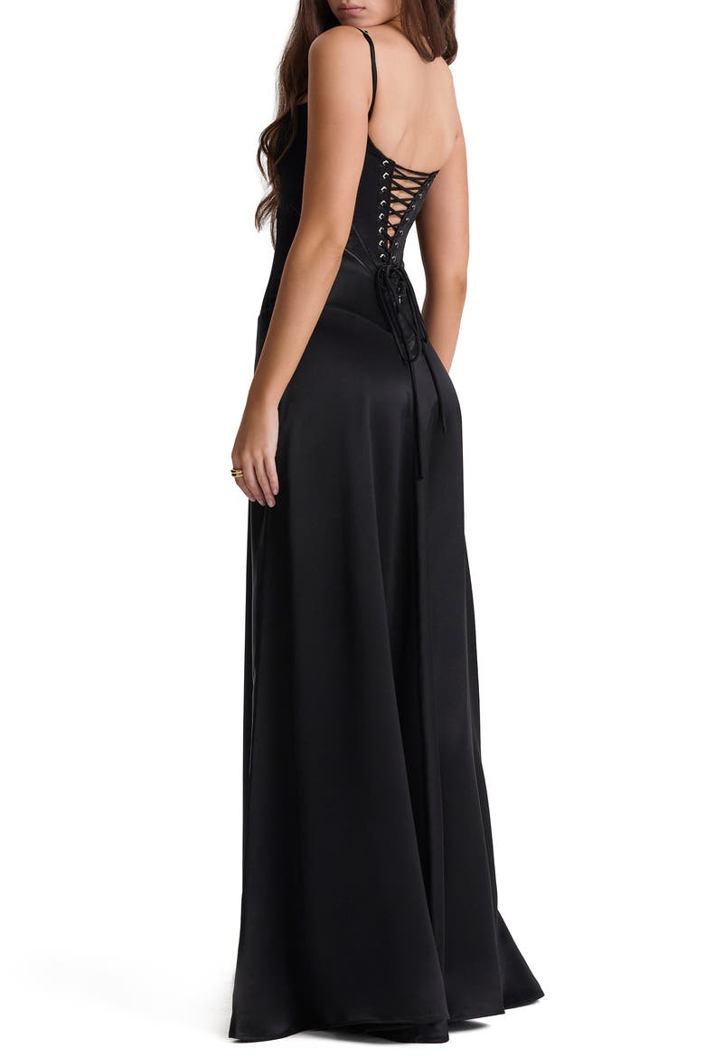 Anabella Lace-Up Satin Gown, Alternate, color, BLACK