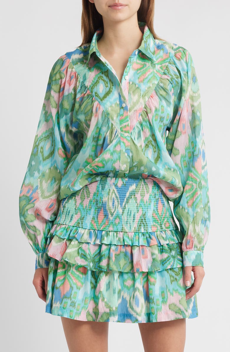 LOVE THE LABEL Sebali Floral Ikat Print Button-Up Shirt, Main, color, Symphonic Ikat Bermuda