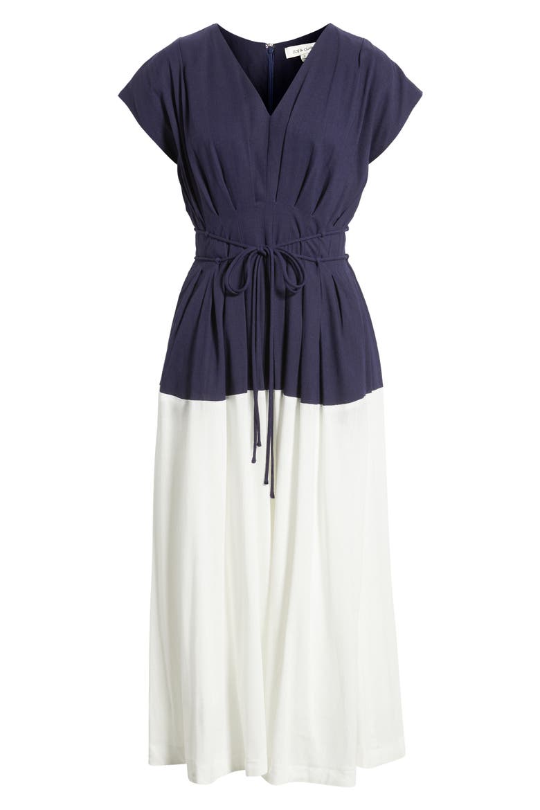 Colorblock Pleat Tie Belt Dress, Alternate, color, NAVY