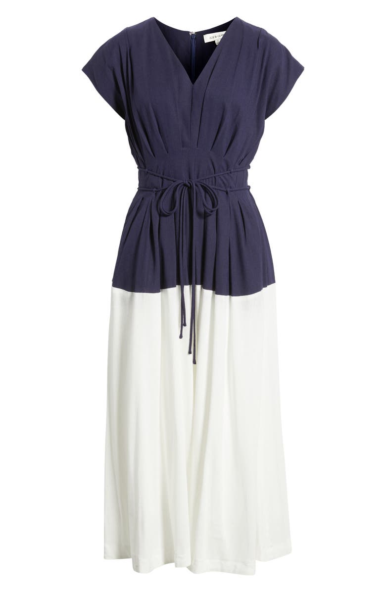 ZOE AND CLAIRE Colorblock Pleat Tie Belt Dress, Alternate, color, Navy