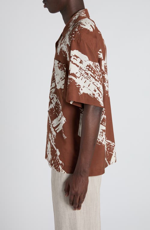 Bottega Veneta Postcard Print Silk Shantung Short Sleeve Shirt In Brown
