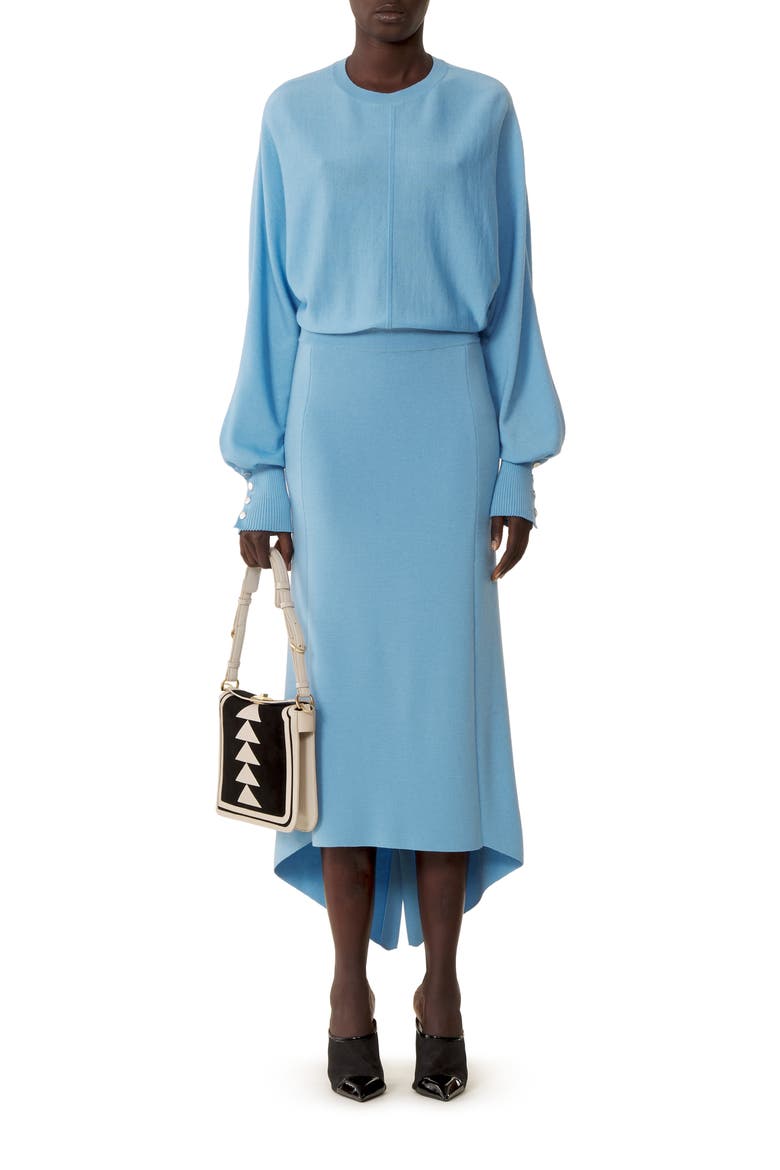 Buttoned Long Skirt In Merino Wool, Alternate, color, Periwinkle