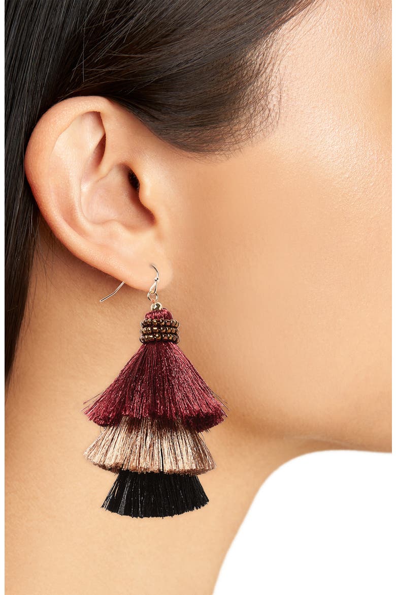 Tiered Tassel Earrings, Alternate, color, BURGUNDY